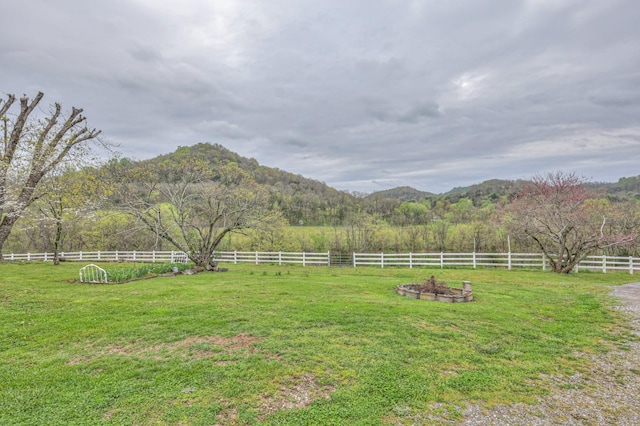 view of yard featuring a rural view, fence, and a mountain view