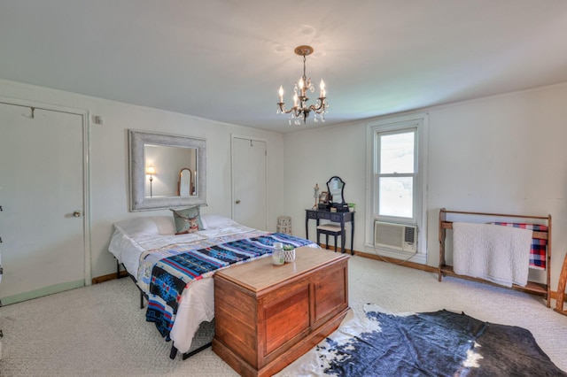 bedroom featuring carpet floors, cooling unit, baseboards, and a notable chandelier