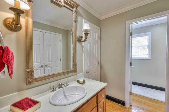 bathroom with vanity, wood-type flooring, and crown molding