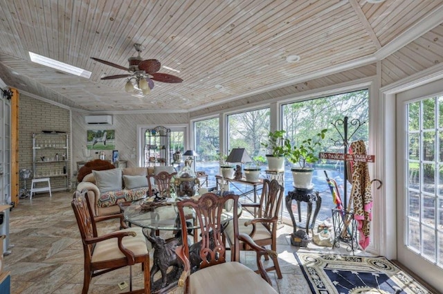 sunroom / solarium with ceiling fan, a wealth of natural light, a wall unit AC, and wood ceiling