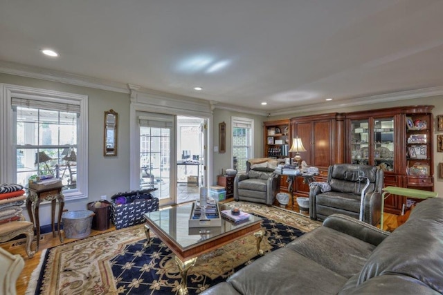 living room with crown molding and hardwood / wood-style floors