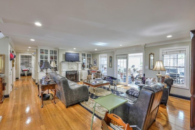 living room featuring crown molding and light hardwood / wood-style floors