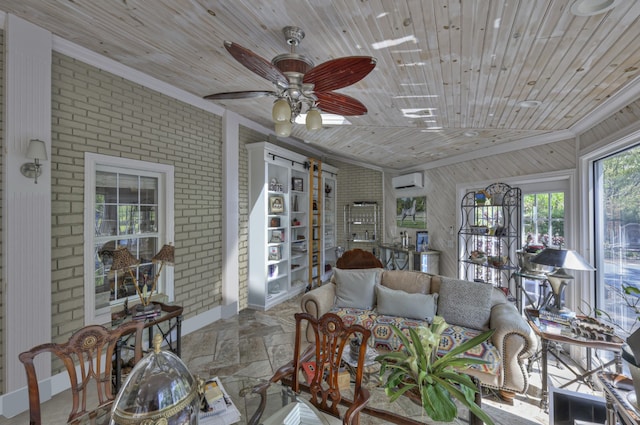 sunroom / solarium featuring ceiling fan, an AC wall unit, and wood ceiling