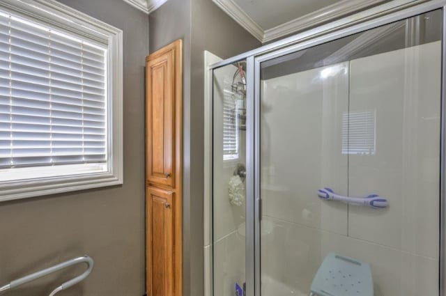 bathroom featuring walk in shower and crown molding