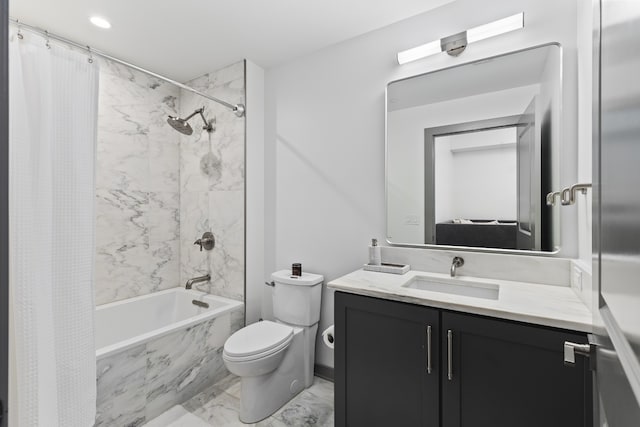 full bathroom featuring vanity, toilet, shower / bath combination with curtain, and tile patterned flooring