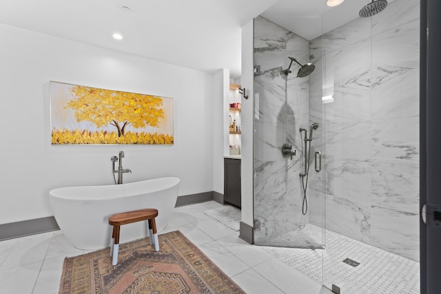 bathroom featuring plus walk in shower and tile patterned flooring