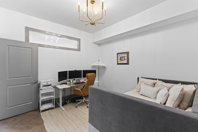 office featuring a notable chandelier and light parquet flooring