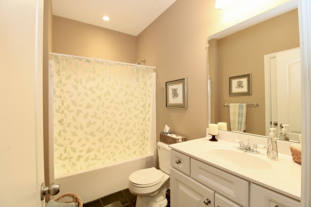 full bathroom with vanity, toilet, and shower / tub combo with curtain