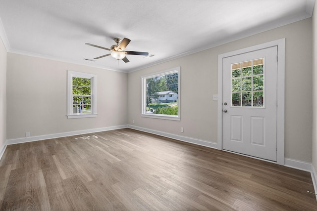 interior space featuring ceiling fan, wood-type flooring, and a healthy amount of sunlight