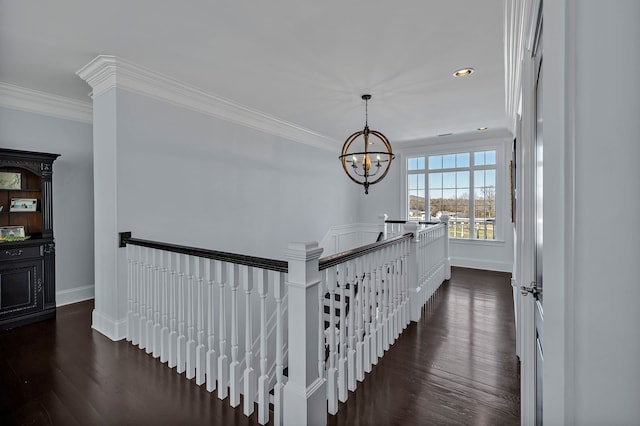 hall with a notable chandelier, dark hardwood / wood-style floors, and crown molding