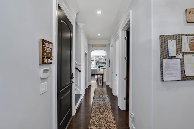 corridor featuring ornamental molding and dark wood-type flooring