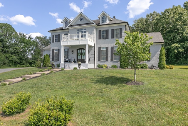 view of front of home featuring a front lawn and a balcony