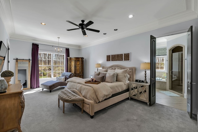 bedroom featuring ceiling fan with notable chandelier, crown molding, and carpet floors