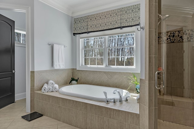 bathroom with ornamental molding, tile patterned floors, and independent shower and bath