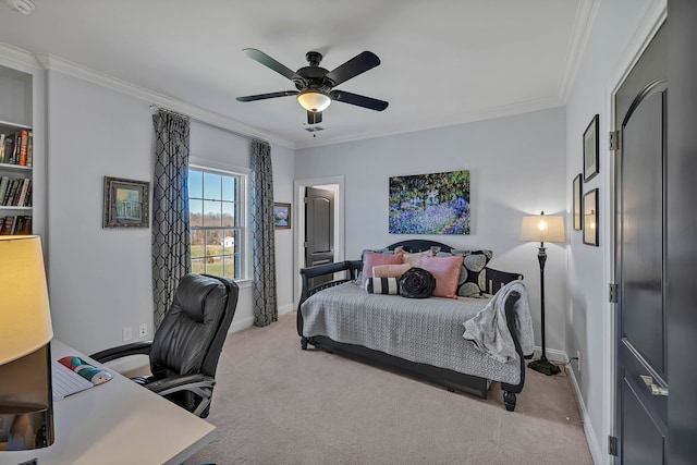 bedroom featuring ceiling fan, ornamental molding, and light carpet