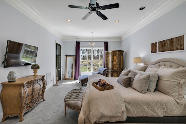 bedroom featuring ceiling fan with notable chandelier, ornamental molding, and light carpet