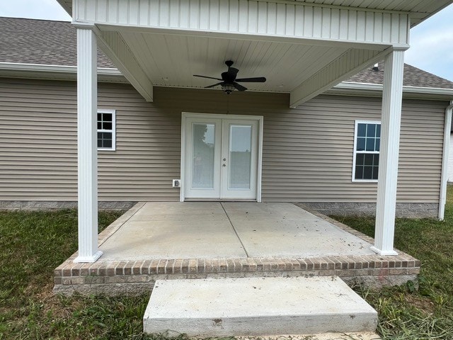 doorway to property with ceiling fan, a patio, and french doors