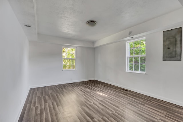 unfurnished room with electric panel, wood-type flooring, a textured ceiling, and plenty of natural light