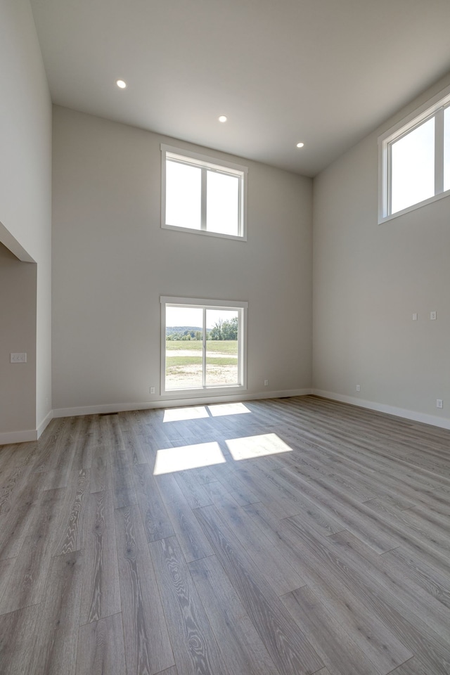 spare room featuring wood-type flooring and a towering ceiling