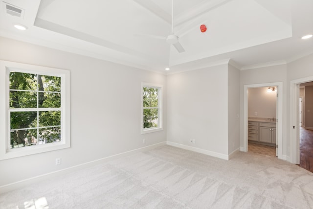 interior space featuring ceiling fan, a wealth of natural light, crown molding, and light carpet