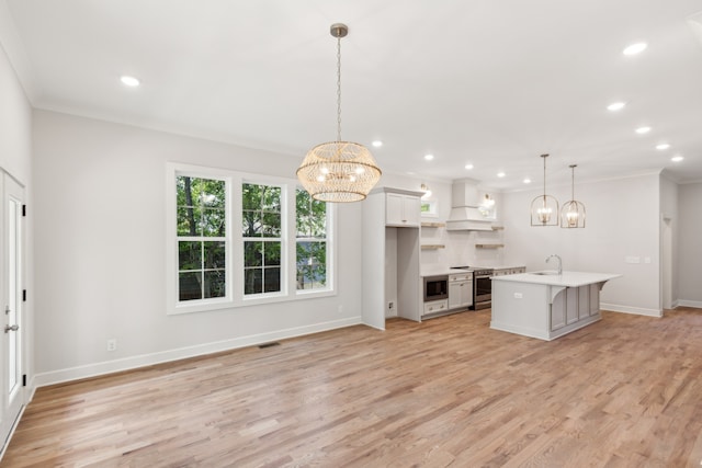 kitchen featuring a kitchen breakfast bar, appliances with stainless steel finishes, light hardwood / wood-style flooring, custom exhaust hood, and an island with sink