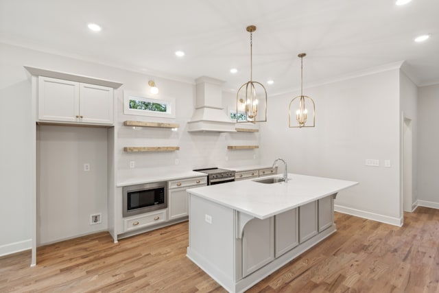 kitchen featuring decorative backsplash, light hardwood / wood-style flooring, premium range hood, sink, and stainless steel appliances