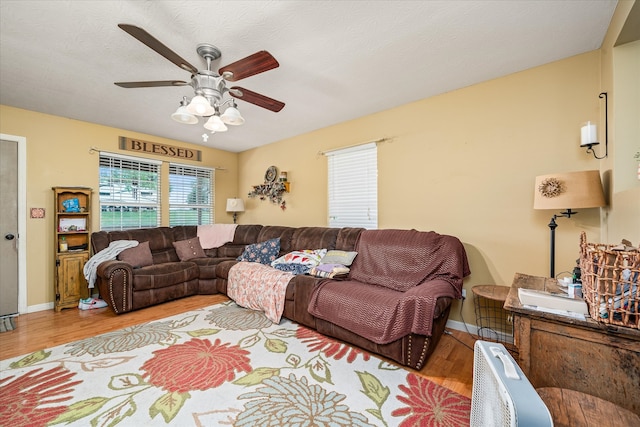 living room featuring light hardwood / wood-style floors and ceiling fan