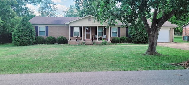 1716 Keller Ave, Pulaski, TN 38478 - ranch-style home with covered porch, brick siding, a garage, a front yard, and concrete driveway