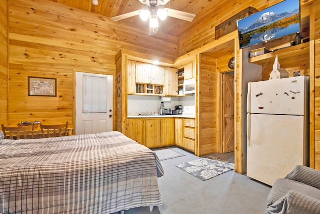 bedroom with ceiling fan, white fridge, wooden ceiling, and wooden walls