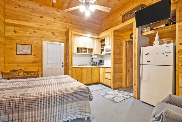 bedroom featuring wood walls, ceiling fan, white fridge, and wooden ceiling