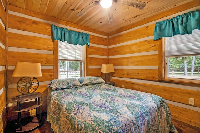 bedroom featuring hardwood / wood-style flooring, ceiling fan, wooden ceiling, and wood walls