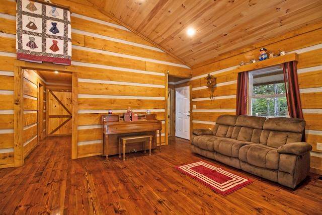 living room featuring hardwood / wood-style floors, wood walls, wooden ceiling, and high vaulted ceiling