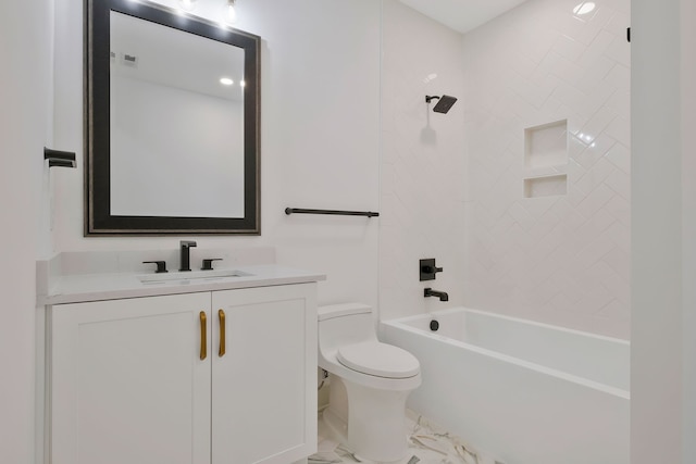 full bathroom featuring tiled shower / bath combo, tile patterned flooring, toilet, and vanity