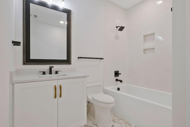 bathroom with marble finish floor, tub / shower combination, vanity, and toilet