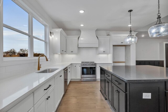 kitchen featuring white cabinetry, sink, stainless steel appliances, and custom range hood