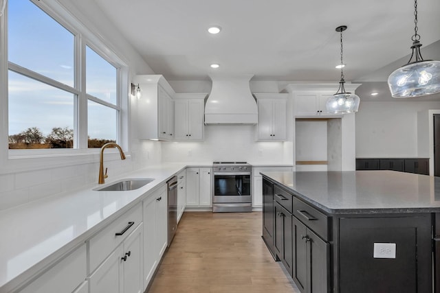 kitchen with premium range hood, a sink, white cabinetry, stainless steel appliances, and light wood-style floors