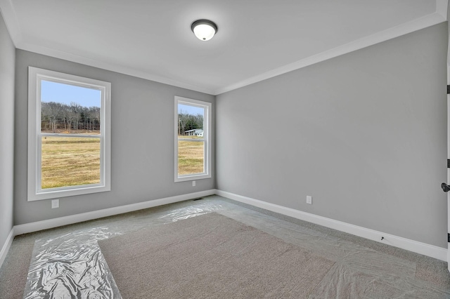 empty room featuring crown molding and baseboards