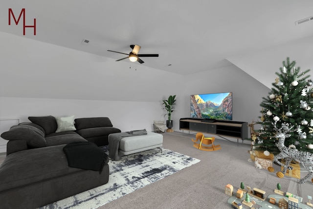 carpeted living room with visible vents, ceiling fan, and vaulted ceiling