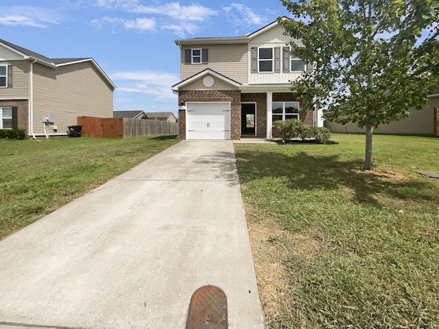 view of front of home featuring board and batten siding, brick siding, fence, and a front lawn