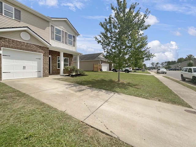 view of front facade featuring a garage, brick siding, concrete driveway, board and batten siding, and a front yard