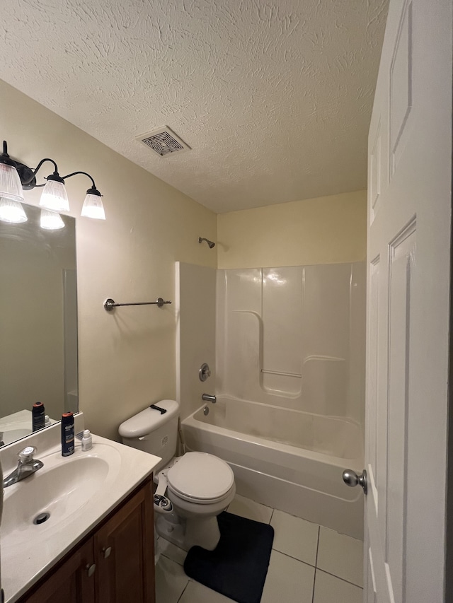 full bathroom with shower / bathtub combination, a textured ceiling, tile patterned flooring, vanity, and toilet