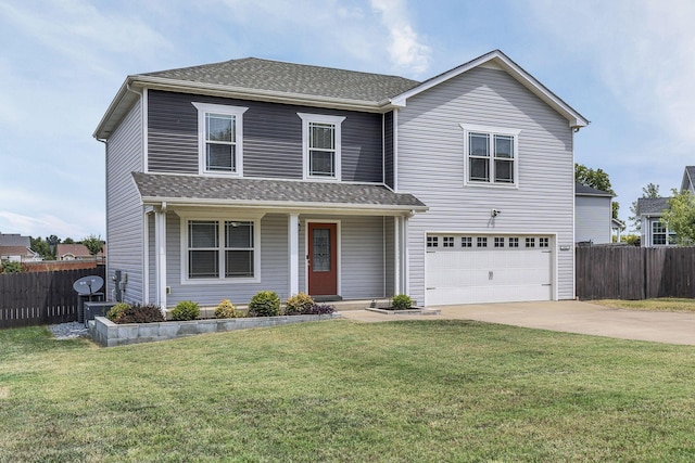 view of property with a garage, a front yard, and covered porch