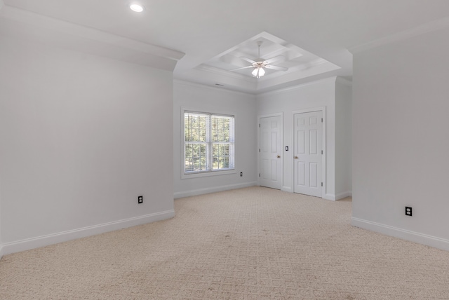 unfurnished bedroom featuring multiple closets, recessed lighting, a raised ceiling, light colored carpet, and baseboards