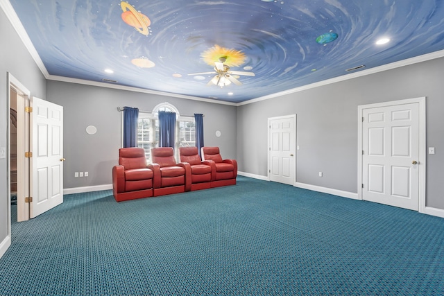 living room featuring ornamental molding, ceiling fan, and carpet