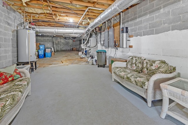 basement featuring water heater and electric panel