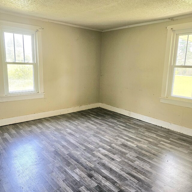 empty room featuring a textured ceiling, crown molding, and hardwood / wood-style floors