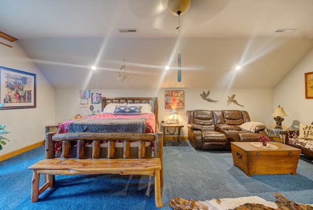 carpeted bedroom featuring ceiling fan and vaulted ceiling