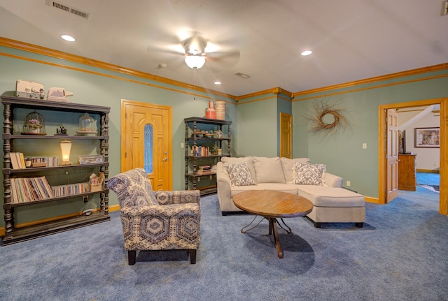 carpeted living room featuring ceiling fan and crown molding