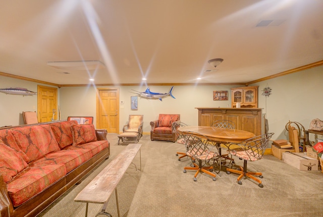 carpeted living room featuring crown molding