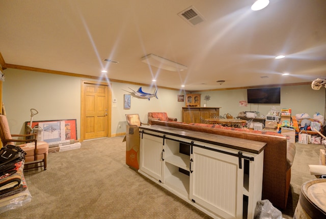 kitchen featuring crown molding, light carpet, and white cabinets